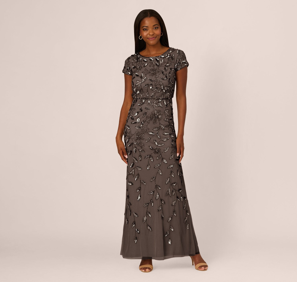 Adrianna Papell Women's Boat-Neck Blouson Beaded Gown- Lead, Size 16, MSRP: 299$